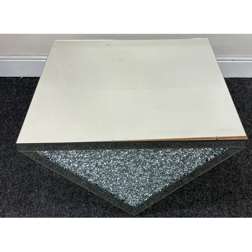 315 - Mirrored glass effect coffee table, crystal glass effect, square top, angled base, approximate measu... 