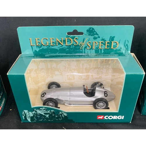 96 - 3 Boxed Corgi Legends of Speed to include models 00202 Racing Car Blue, 00203 Racing Car Silver, 002... 