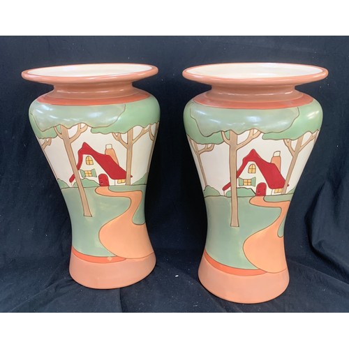 265 - Pair hand painted Clarice Cliff style tall vases, maker Mary Engelbreit ink, overall height 70.5 cm