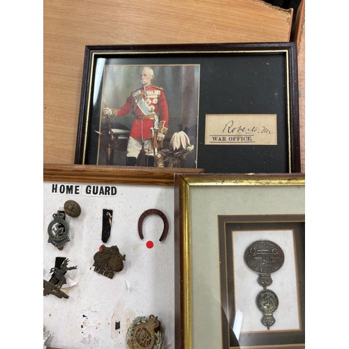 108 - Selection of assorted framed cap cadges, buttons and a signature