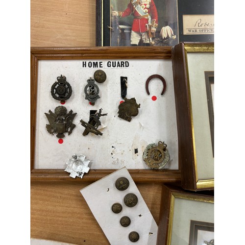 108 - Selection of assorted framed cap cadges, buttons and a signature