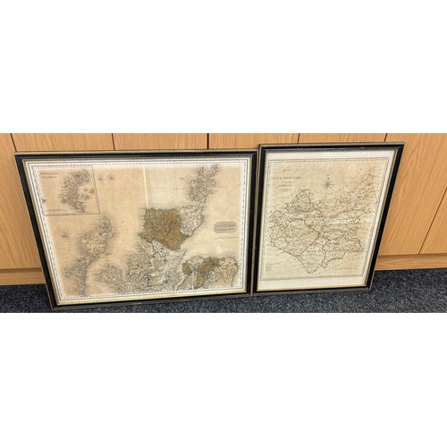 267 - Two framed maps one covering the area of ' Leicestershire', the other 'Scotland' largest measures ap... 