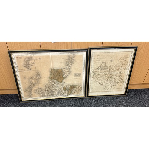 267 - Two framed maps one covering the area of ' Leicestershire', the other 'Scotland' largest measures ap... 