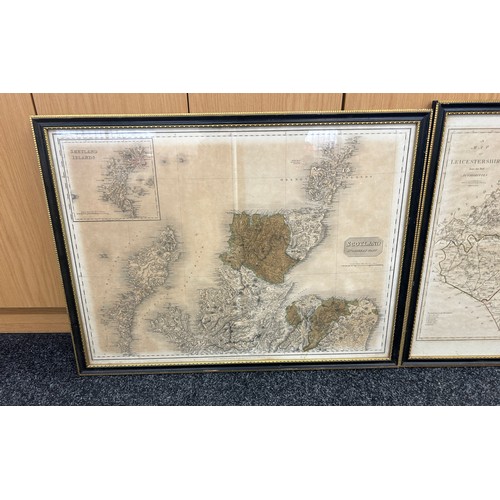 267 - Two framed maps one covering the area of ' Leicestershire', the other 'Scotland' largest measures ap... 