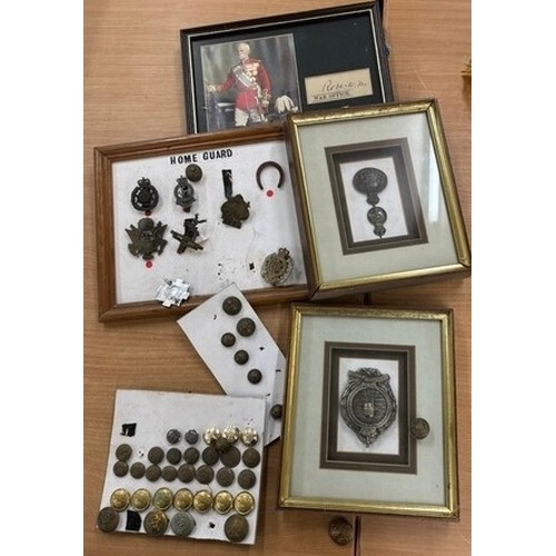 108 - Selection of assorted framed cap cadges, buttons and a signature