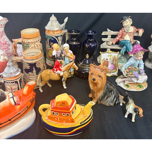 183 - Selection of collectable pottery to include glass witch, steins, pair small vases, small jug and bow... 