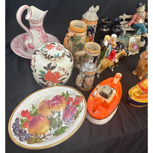 183 - Selection of collectable pottery to include glass witch, steins, pair small vases, small jug and bow... 