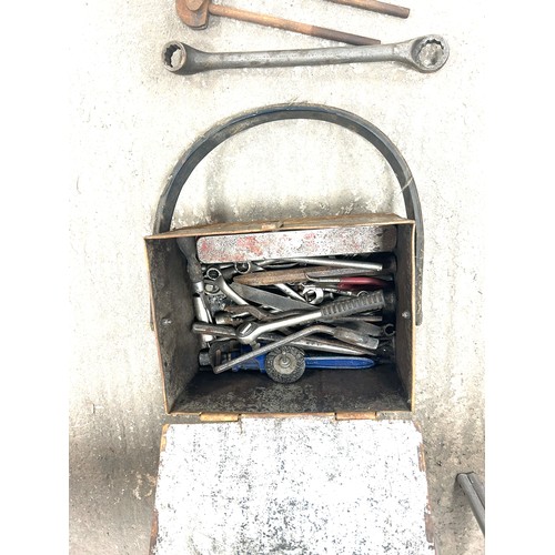 261 - Vintage wooden tool box and a selection of vintage tools