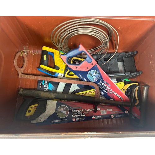 254 - Metal trunk including saws, mitre block etc trunks measures approximately 17 inches tall x 27 wide a... 