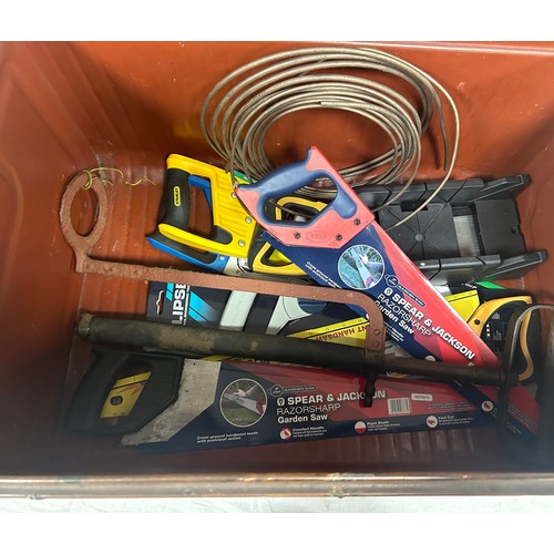 254 - Metal trunk including saws, mitre block etc trunks measures approximately 17 inches tall x 27 wide a... 