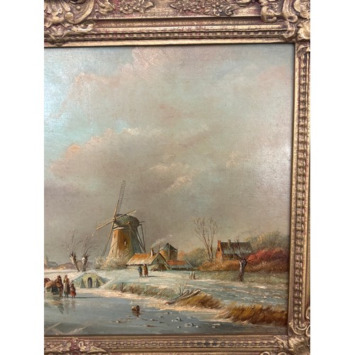 210 - Gilt framed Abraham Verveer signed oil on panel, depicting a busy Dutch winter river scene with figu... 