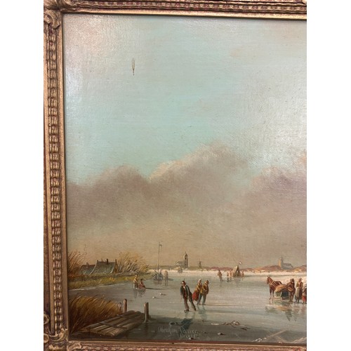 210 - Gilt framed Abraham Verveer signed oil on panel, depicting a busy Dutch winter river scene with figu... 