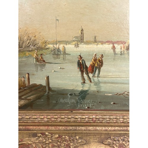 210 - Gilt framed Abraham Verveer signed oil on panel, depicting a busy Dutch winter river scene with figu... 