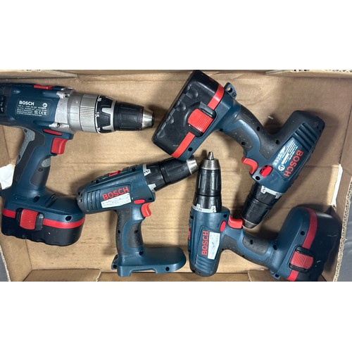 294 - Four Bosch 18 v drills with 3 batteries, 2 chargers, all in working order, batteries hold full charg... 