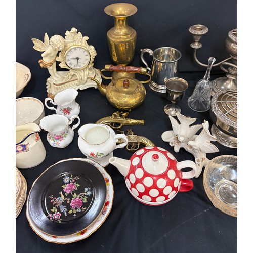 130 - Selection of miscellaneous to include brassware, Royal Albert, plated rose bowl, tankard, pottery et... 