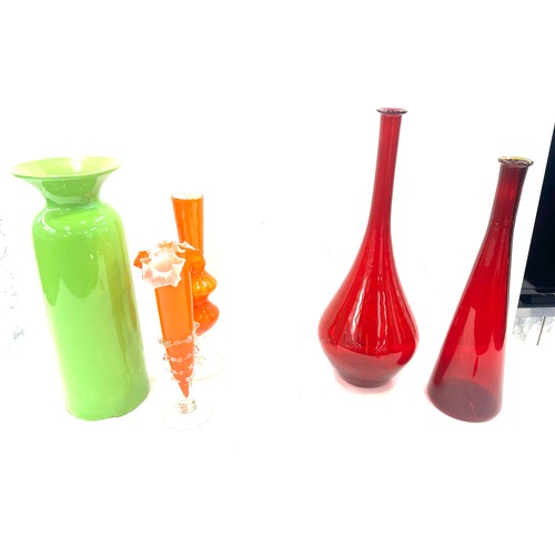 71 - Selection of coloured glass vases tallest measures approximately 17 inches tall