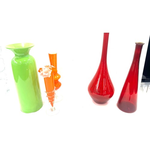 71 - Selection of coloured glass vases tallest measures approximately 17 inches tall