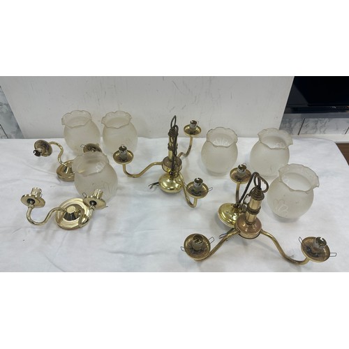 129 - Two brass coloured ceiling lights, pair of brass coloured wall lights and 6 matching glass light sha... 