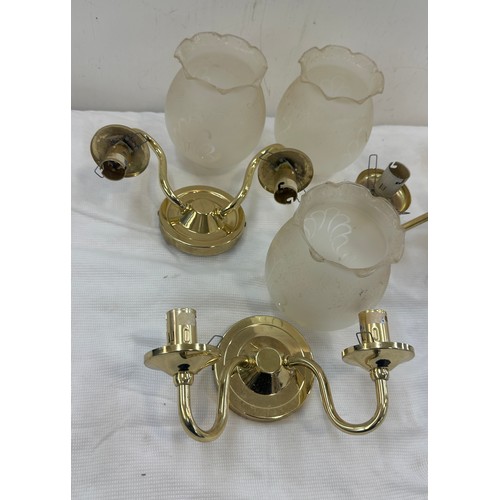 129 - Two brass coloured ceiling lights, pair of brass coloured wall lights and 6 matching glass light sha... 