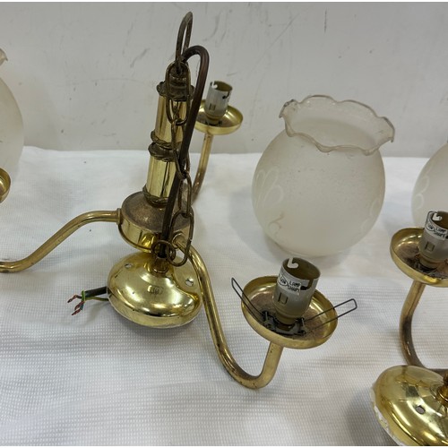 129 - Two brass coloured ceiling lights, pair of brass coloured wall lights and 6 matching glass light sha... 