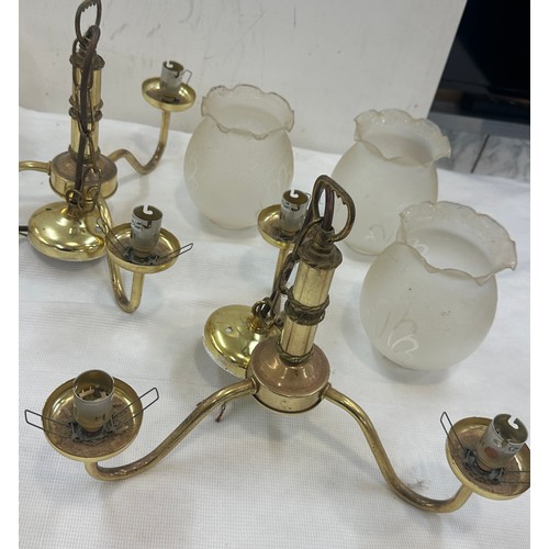 129 - Two brass coloured ceiling lights, pair of brass coloured wall lights and 6 matching glass light sha... 