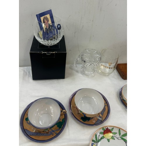 127 - Selection of miscellaneous to include wooden book ends, oriental cups and saucers, piece of Stuart c... 