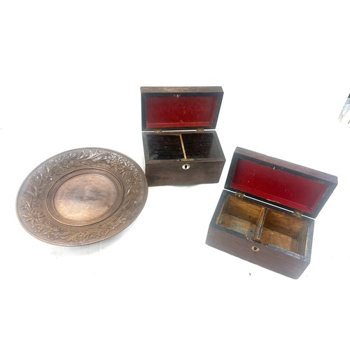 70 - Vintage carved wooden musical cake stand and two writing boxes