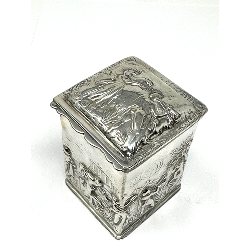 70 - Antique embossed silver tea caddy birmingham silver hallmarks measures approx height 8cm by 5cm edge... 