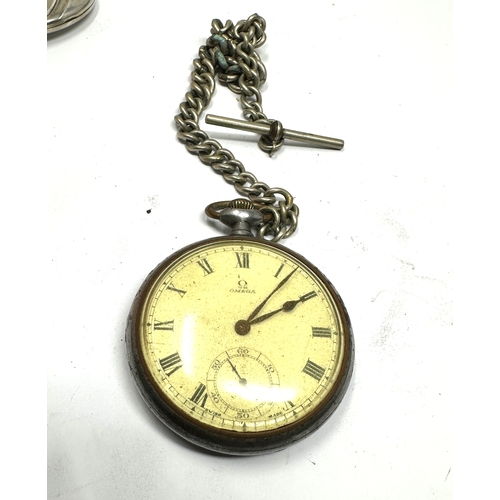 415 - Antique gun metal open face Omega pocket watch and chain the watch is ticking comes with