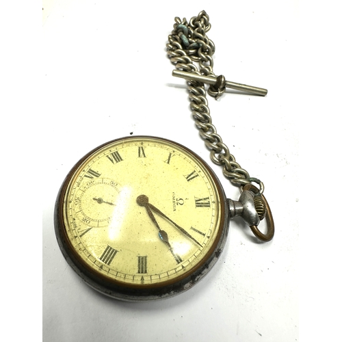 415 - Antique gun metal open face Omega pocket watch and chain the watch is ticking comes with