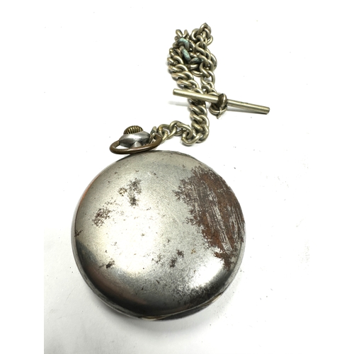 415 - Antique gun metal open face Omega pocket watch and chain the watch is ticking comes with