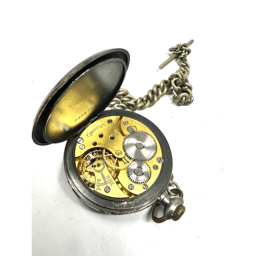 415 - Antique gun metal open face Omega pocket watch and chain the watch is ticking comes with