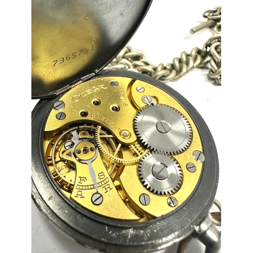 415 - Antique gun metal open face Omega pocket watch and chain the watch is ticking comes with