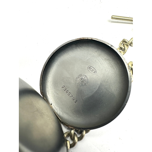 415 - Antique gun metal open face Omega pocket watch and chain the watch is ticking comes with