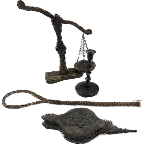 113 - Selection of wooden items to include decorative carved scales, pair barley twist candle sticks etc