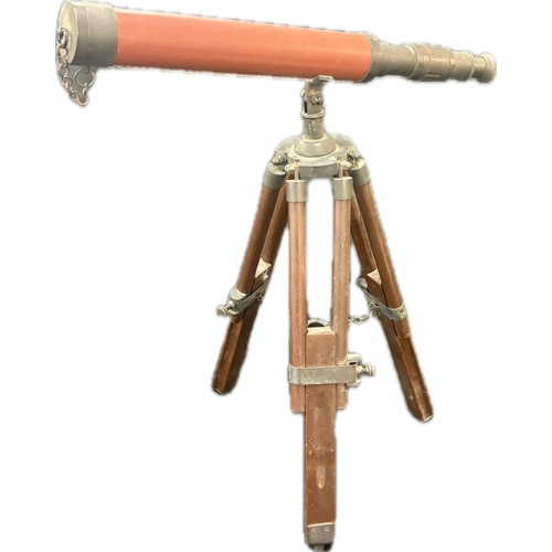 100 - Nautical spyglass leather barrel with wooden adjustable tripod