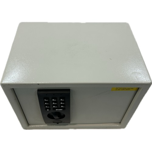 151 - Lockable metal safe with key measures approximately 14 inches wide x 10 deep and 10 tall