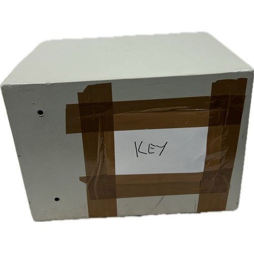 151 - Lockable metal safe with key measures approximately 14 inches wide x 10 deep and 10 tall