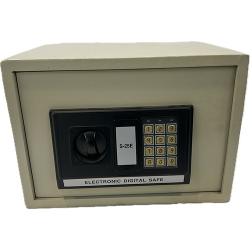 158 - Lockable metal safe with key 14 inches wide x 10 deep and 10 tall