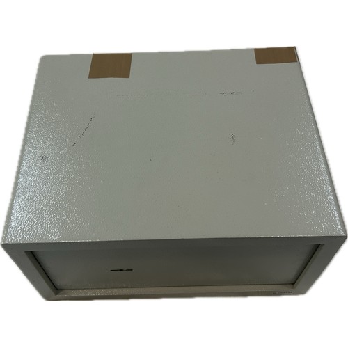 50 - Lockable metal safe with key measures approximately 12 inches long, 10 inches deep and 7 tall