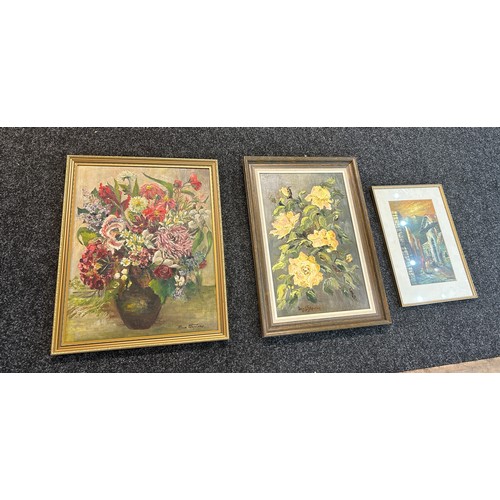 55 - Three oil on boards depicting flowers and one other all signed largest measures approximately 28 inc... 