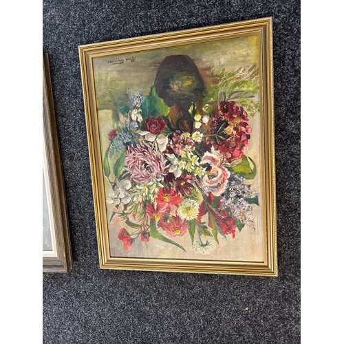 55 - Three oil on boards depicting flowers and one other all signed largest measures approximately 28 inc... 