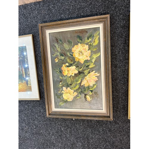 55 - Three oil on boards depicting flowers and one other all signed largest measures approximately 28 inc... 