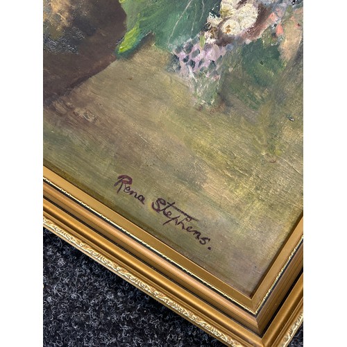 55 - Three oil on boards depicting flowers and one other all signed largest measures approximately 28 inc... 