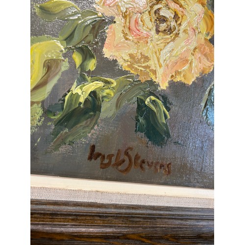 55 - Three oil on boards depicting flowers and one other all signed largest measures approximately 28 inc... 