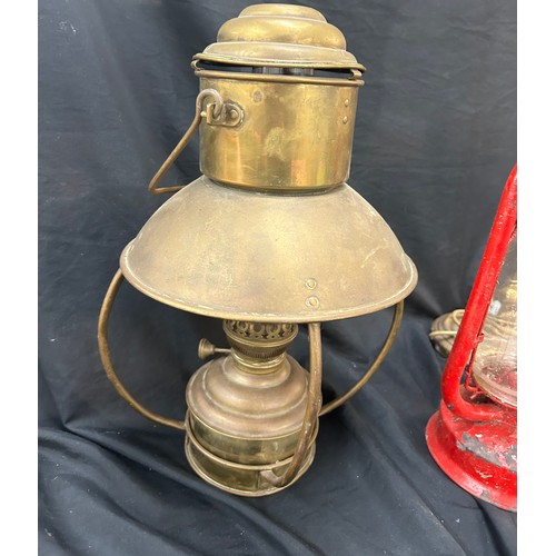 114 - Vintage ships lamp, tilly lamp and a brass lamp base