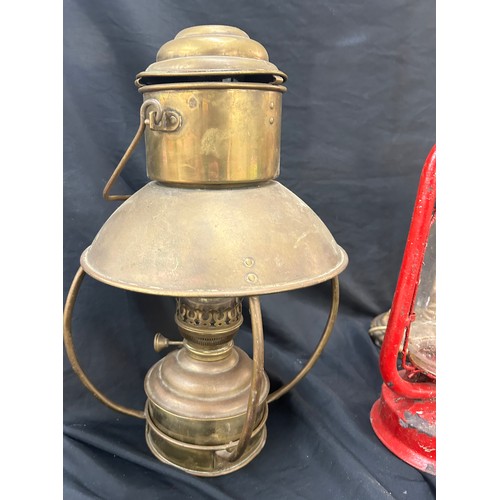 114 - Vintage ships lamp, tilly lamp and a brass lamp base