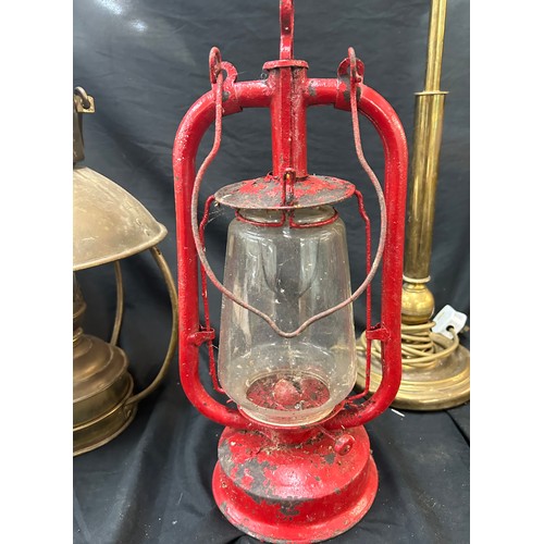 114 - Vintage ships lamp, tilly lamp and a brass lamp base