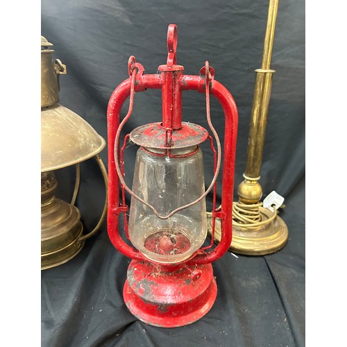 114 - Vintage ships lamp, tilly lamp and a brass lamp base