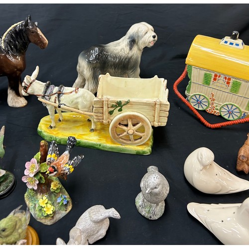 165 - Selection of animal figurines and ornaments to include Beswick horse, novelty carriage, etc